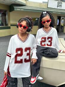 SHEIN Tween Girls Retro Collegiate Casual V-Neck Short Sleeve Blouse
