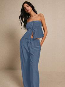 Poéselle Summer  Fashion Linen Two-Piece Set, Chest Is Top Chest Slit Lacing + Wide Leg Trousers Linen Two-Piece Set, Wear Comfortable And Breathable, Suitable For Commuting Holiday Home Wear Casual Solid Color Strapless Crop Top And Long Pants Set With Slit