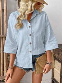 Breezaya Women Simple Solid Color Button Down Loose Cuff Blouse Women Shirt - Baby Blue - View 3