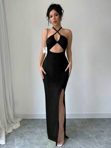 Chiquease Halter Neck Backless High Slit Maxi Fitted Black Dress, For Going Out