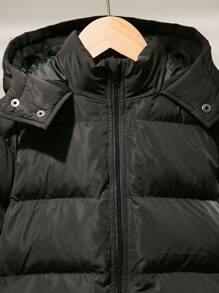 SHEIN Leap Crew 1pc Youth Boys/Girls Casual Versatile Comfortable Loose Solid Color Zipper Front Hooded Warm Long Winter Coat Parka Jacket, Suitable For Back To School, Birthday, Baby Shower, Holiday Parties, Autumn/Winter Season - Black - View 6