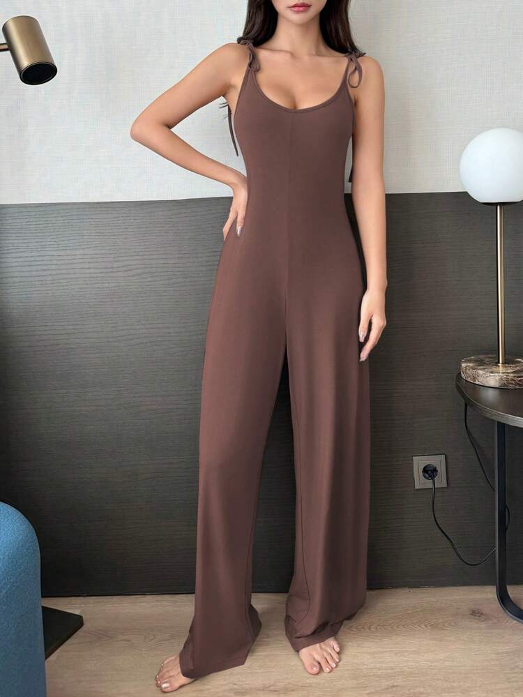 Women's Tie-Up Neck Fitted Knit Drape Drawstring Jumpsuit Loungewear Pajama