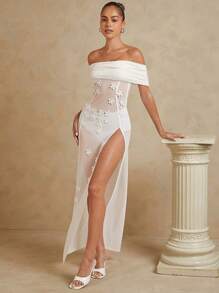 SHEIN Unity Off Shoulder 3D Flower Embellished Sheer Dress