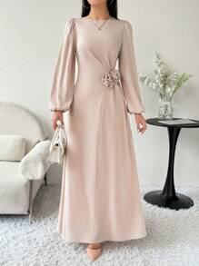 Modelyn Women's Solid Color Crewneck Applique Elegant Long Sleeve Arabian Dress Long Evening Dresses