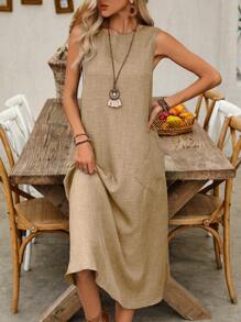 Breezaya Vestido Longo Casual Feminino Sem Mangas com Dois Bolsos, Roupa de Praia e Férias - Caqui - Visão 6