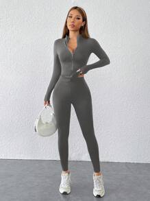 SHEIN PETITE 黑色两件套运动服拉链夹克和紧身裤 - 灰色 - 查看 7