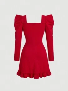 SHEIN MOD Women Red Autumn Elegant Party Dress,Gigot Sleeve Bow Tie Neck Fall/Winter Homecoming,Fall Wedding Guest,Vintage 90s Cottage Core,Semi Formal Dresses - Red - View 2