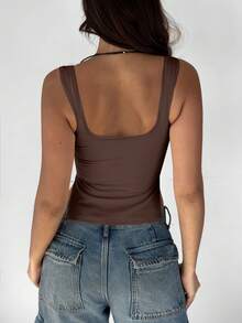 Women's Casual Solid Color Pleated Side Slit Sweetheart Neck Camisole, Summer - Khaki - View 3