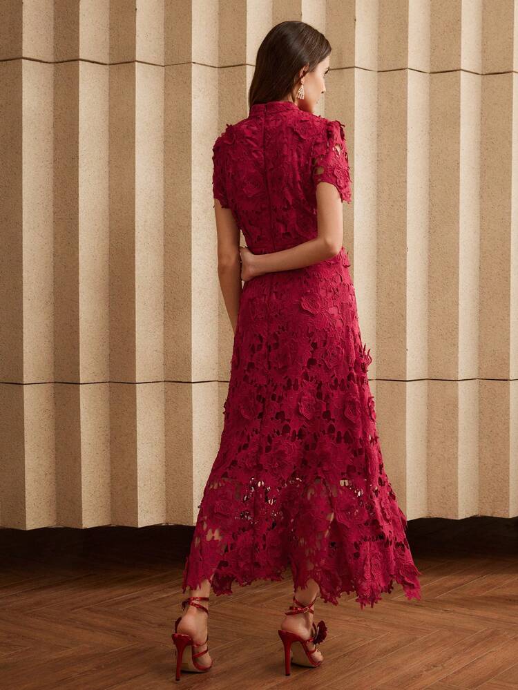 Spitzen-Trim tailliertes Mini-Kleid für Frauen, burgunderrotes Maxi-Outfit für Frauen