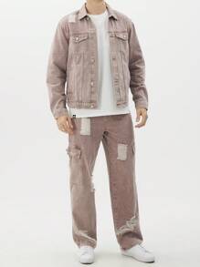 Manfinity Roughcore Men's Solid Color Casual Long Sleeve Top And Jeans Pants Set