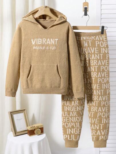 2 件装男童韩版秋冬超大连帽毛衣和英文文字针织裤套装