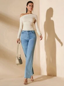 SHEIN BAE Women's Solid Color Asymmetrical Neck Fitted Ruched Knitted Sweater, Autumn/Winter - Apricot - View 6