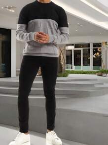 Manfinity Homme 男士休闲撞色圆领长袖毛衣，适合秋冬季节穿着，百搭男士毛衣上衣，男士套头衫，灰色毛衣，男士套头衫，男士长袖针织衫，男士长袖针织衫（放大版），男士长袖针织衫 - 彩色 - 查看 4