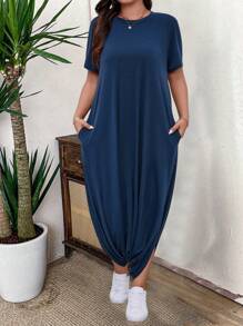 SHEIN LUNE جمبسوت قصيرة الأكمام فضفاضة مع جيوب وياقة دائرية بلون أحادي المقاس الكبير ، صيفي - الأزرق - مشاهدة 4