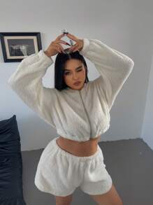 Flirla Plus Size Cute Fashionable Zip-Up Hooded Plush Jacket & Casual Plush Shorts Set - White - View 4