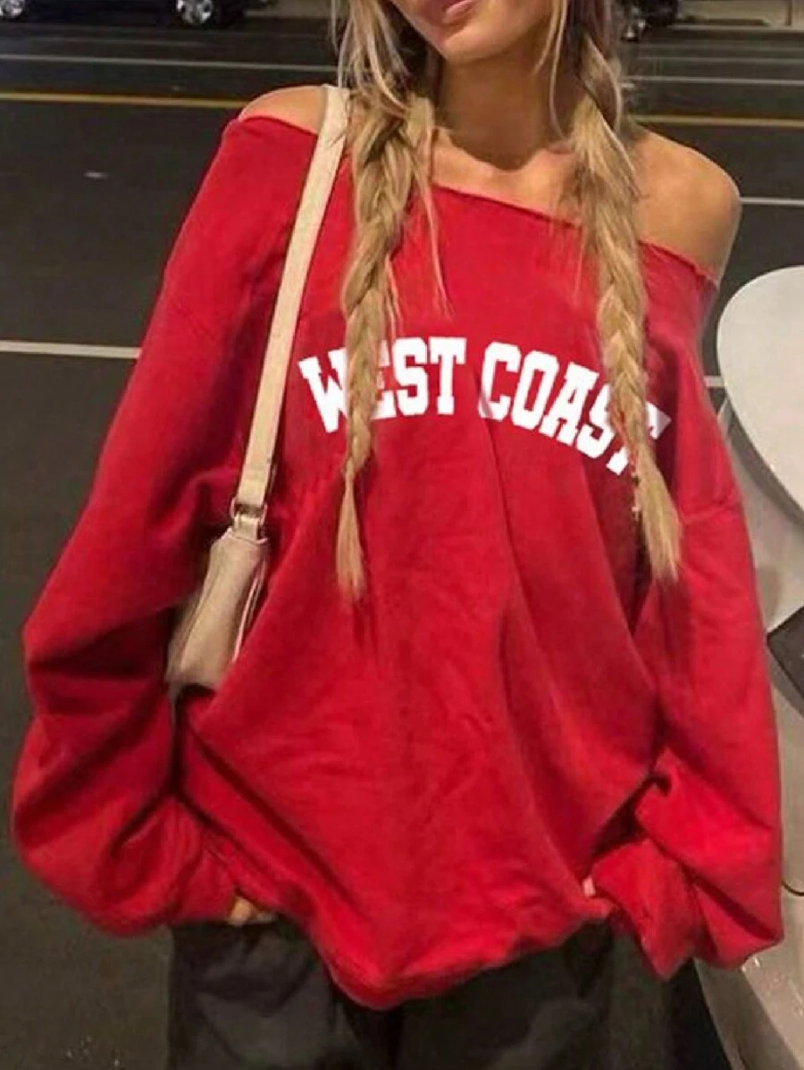 INAWLY Plus Size Letter Print Off Shoulder Long Sleeve Sweatshirt , Graduation, Teachers For Women, Back To School Pullover Fall - Red - View 1