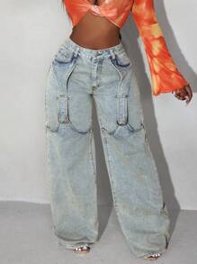 Slaydiva 纯色纽扣口袋休闲阔腿牛仔裤，女士休闲纽扣、口袋、拉链低腰阔腿长款轻洗宽松女式牛仔裤，春秋季，休闲日常穿着 - 淺色水洗藍 - 查看 6