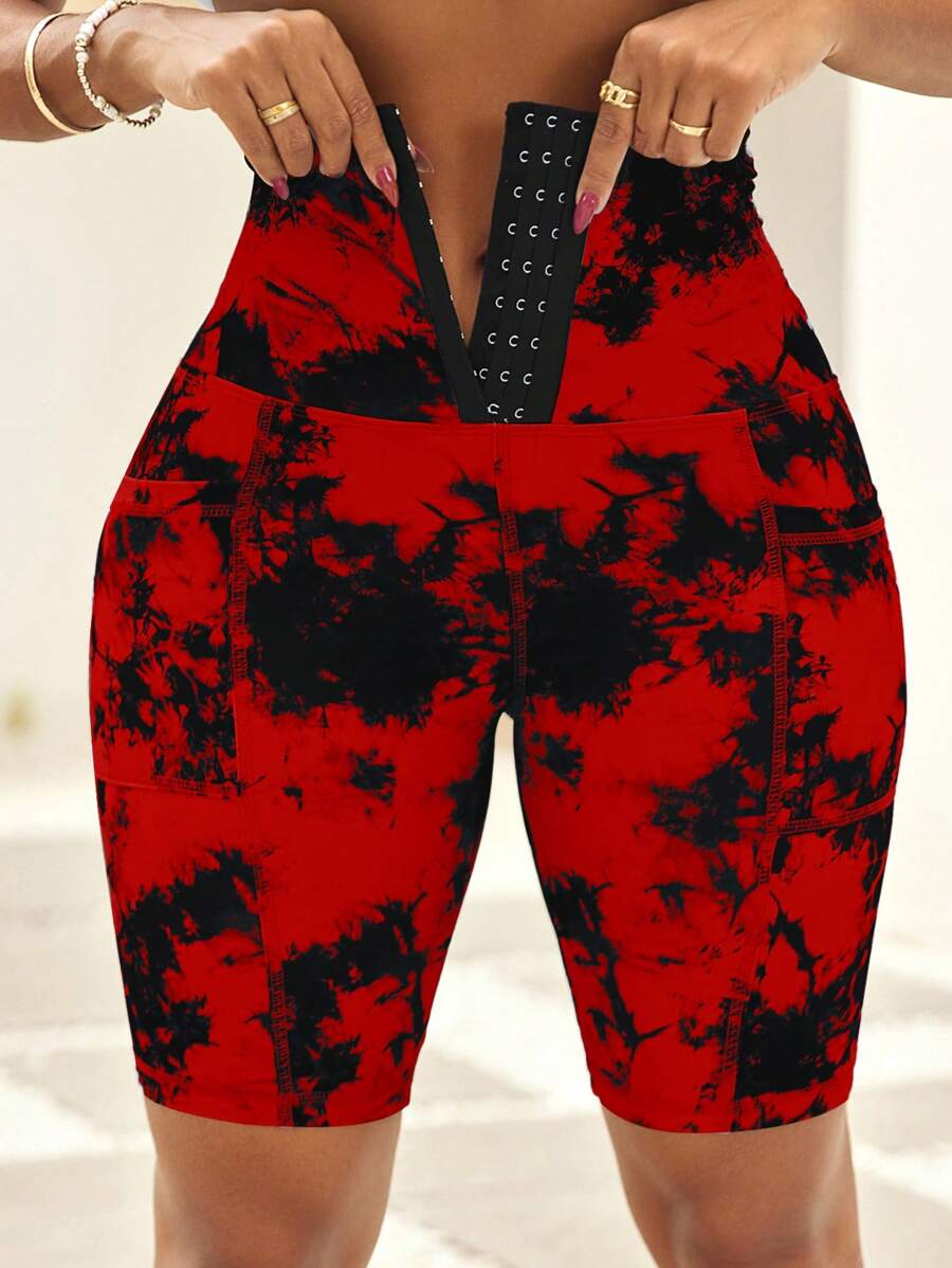 SHEIN Lady 女式随机印花纽扣前部紧身裤 - 紅色 - 查看 1