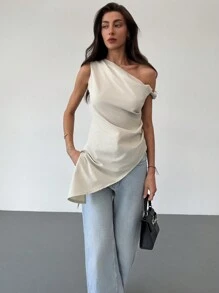 Aloruh Thiết Kế Mới Nhanh Khô Bất Đối Xứng Một Vai Xoắn Viền Chia Viền Tối Giản Áo Sơ Mi Thường Ngày/Ngày Lễ - Màu be - Xem 5