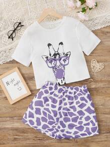 SHEIN Teen Girl Cute Giraffe Print Short Sleeve T-Shirt And Shorts Casual Pajama Set - Dusty Purple - View 1