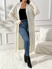 SHEIN Frenchy Plus Size Women's Fall Cable Knit Mid-Length Cardigan,Homecoming - Apricot - View 1