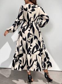 DreamSkyne 大码女士优雅植物印花圆领灯笼袖荷叶边连衣裙，适合假日穿着的女士长款服装 - 杏色 - 查看 4