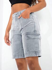 SHEIN PETITE Women Solid Color Summer Casual Cargo Style Denim Shorts,Jorts - Light Grey - View 4
