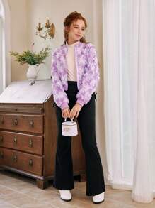 Teen Girls Elegant 3D Flower Decor Short Jacket - Purple - View 3