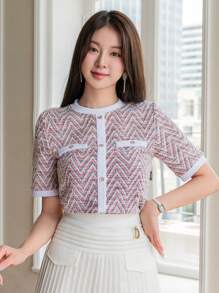 DAZY Camiseta de cuello redondo elegante de oficina con estampado de espiga, adecuada para el Día de San Valentín y el verano