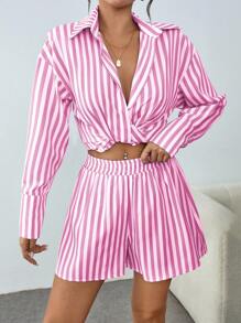 Chiquease Striped Print Twist Front Long Sleeve Shirt And High Waisted Shorts Streetwear Casual Outfit