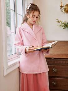 SHEIN Teenage Girls' Pink Collar Splice Fuzzy Elegant Warm Winter Coat