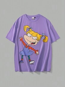 Nick 90s | SHEIN 大码休闲卡通人物印花短袖 T 恤，夏季，图案 T 恤 - 紫色 - 查看 1