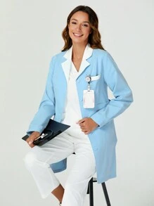 TaskEZ White Coat Long-Sleeved Female Doctor Uniform Nurse Uniform Short-Sleeved Winter Coat Uniform Pharmacy Uniform Surgical Gown - Blue and White - View 3