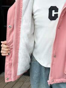 SHEIN Tween Girl Warm Hooded, Multi-Pocket, Zipper Padded Coat - Pink - View 3