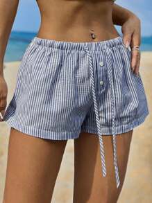 SHEIN EZwear Ladies Striped Tie-Up Simple Everyday Shorts