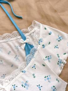 Soleia Damska koszulka w stylu vintage w kolorze czerwonym i białym, z koronką w drobne kwiaty, z kołnierzykiem, w kontrastowym kolorze, z krótkim rękawem i uroczą kokardką, 2 w 1 w stylu baletowym, na co dzień, na lunch, do szkoły, na lato