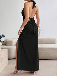 Rafferiza Women's Halter Neck Ruched Backless Fit & Flare Bowknot Elegant Dress Maxi Women Outfit - Black - View 6