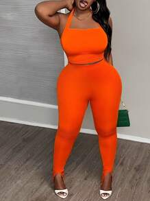 Slaydiva Plus Size Women's Halter Neck Sleeveless Top And Tight Pants Two Piece Set - Orange - View 6
