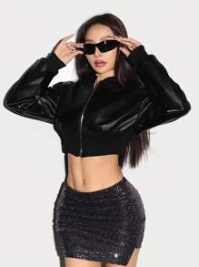 EgrlEra Fashionable Black Short Leather Jacket Y2K Outfit  Fall Winter Cloth For Women - Black - View 5