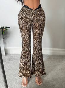 SHEIN SXY Quần ống loe họa tiết da báo phối ren gợi cảm - Nhiều màu - Xem 6