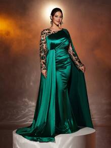 Glamrae Váy dạ hội thanh lịch bằng vải satin chắp vá màu xanh ngọc lục bảo cỡ lớn, thiết kế bất đối xứng, váy dạ hội trang trọng tay dài, dành cho khách dự tiệc cưới, tốt nghiệp, váy dự tiệc tối - Màu xanh lá cây đậm - Xem 4