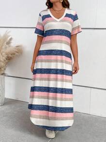 EMERY ROSE Tricou lung cu mânecă scurtă, cu imprimeu în V, cu tiv curbat, stil plus size, model maxi