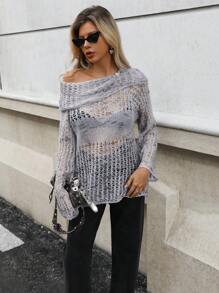 GENKIRA Áo len mohair dáng rộng, cổ bẻ, thiết kế lưới, thời trang và tinh tế, thích hợp cho mùa thu đông. - Xám - Xem 3