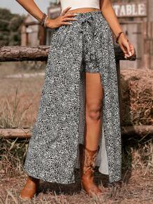 SHEIN VCAY 女士系带荷叶边腰部裹边休闲豹纹短裤，海滩度假 - 彩色 - 查看 1