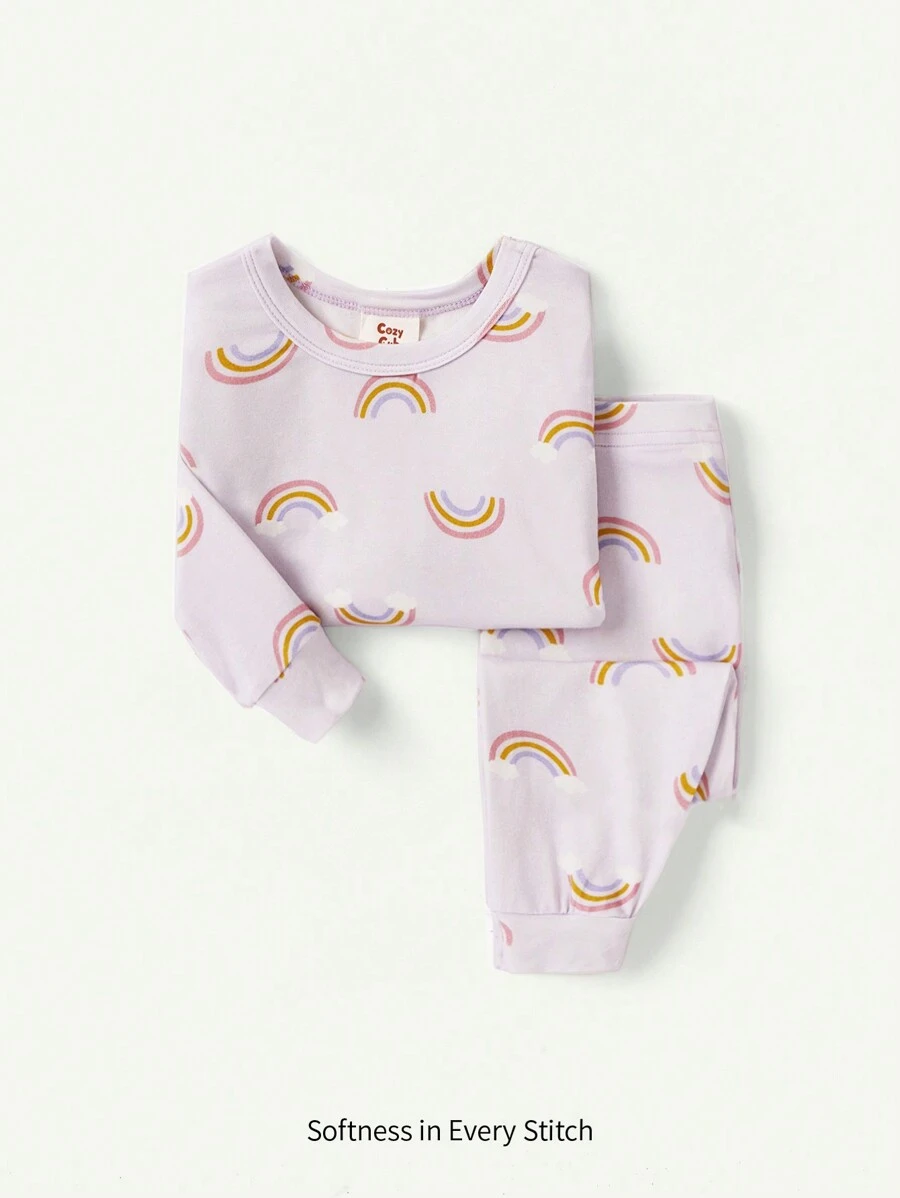 Cozy Pixies 2pcs Rainbow Pattern Snug Fit Baby Girl Pajama Set: Round Neck Top And Long Pants - Mauve Purple - View 1