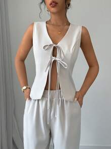 Gloray 2pcs Set Women's Solid Color Simpleprintless Tank Top And Long Pants Suit - White - View 4