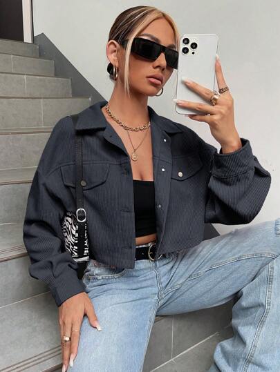 SHEIN EZwear Chaqueta corta de pana tejida en azul grisáceo para otoño/invierno