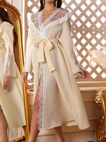 Embroidered Lace Patchwork Women's Long-Sleeved Nightgown - Apricot - View 6