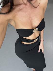Aloruh Đầm bodycon dài khoét sâu màu đen tối giản thanh lịch có khóa kim loại trang trí cho nữ, mùa xuân hè - màu đen - Xem 2