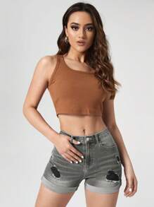 SHEIN Essnce Quần short denim rách thiết kế túi thời trang hợp thời trang cho nữ có nút thắt lưng - Màu Xám nhạt - Xem 5